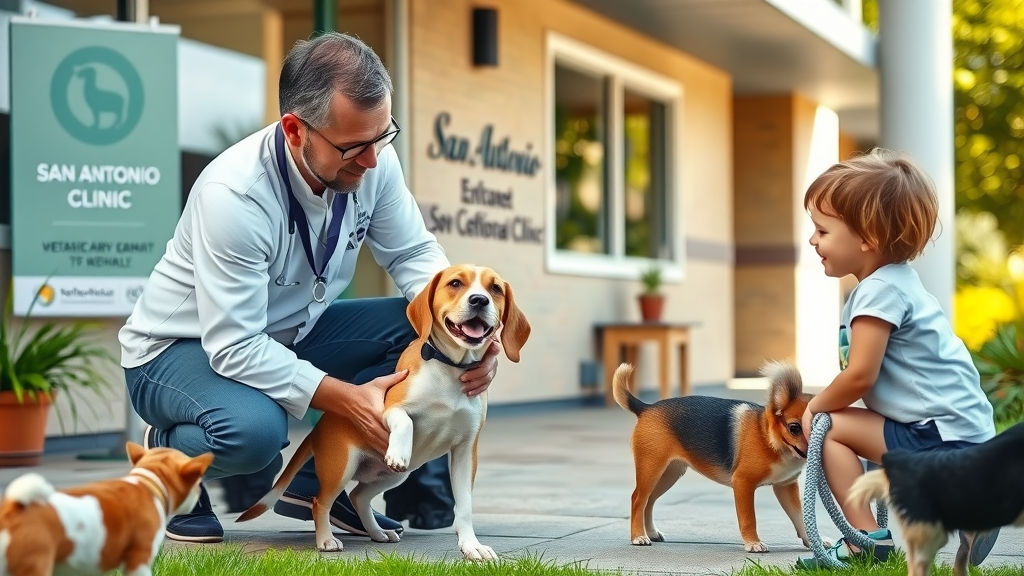 Best veterinarian in San Antonio TX engaging with families and pets outside clinic