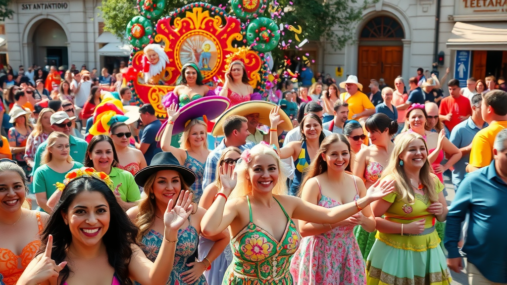 Lively San Antonio Fiesta parade, diverse crowds, parade floats with historic motifs, festival san antonio history.
