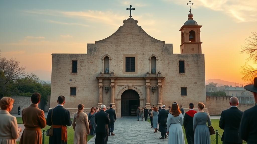 Majestic Mission San Antonio de Valero (The Alamo) at sunrise, stonework and arches, early settlers and clergy, san antonio history alamo.