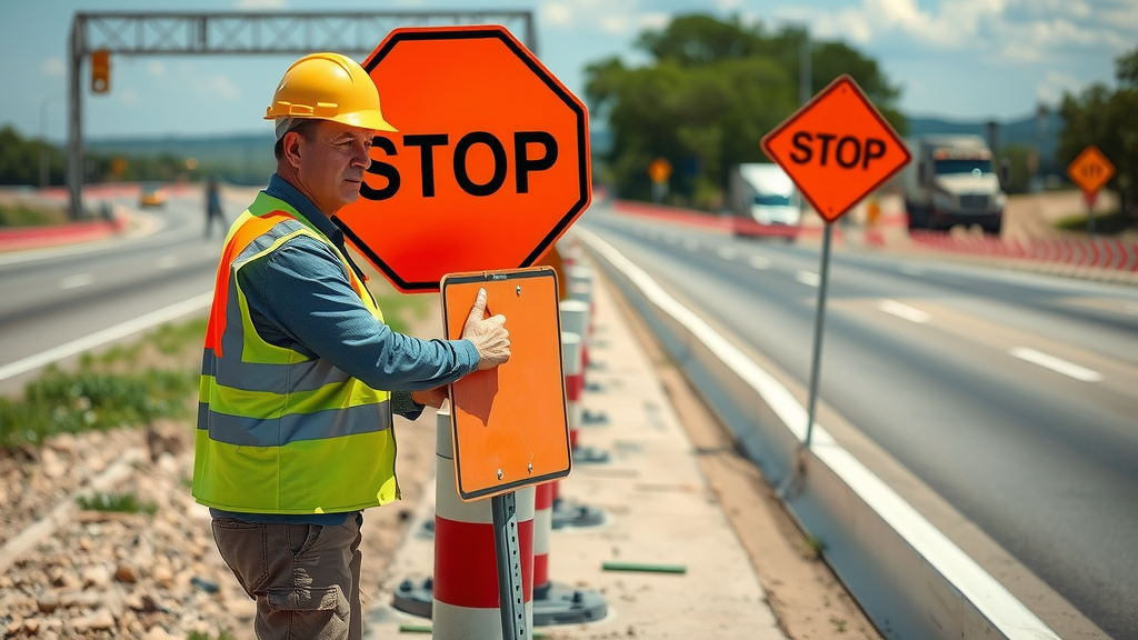 road workers installing safety signs at highway construction - highway construction san antonio Img_Alt_Text