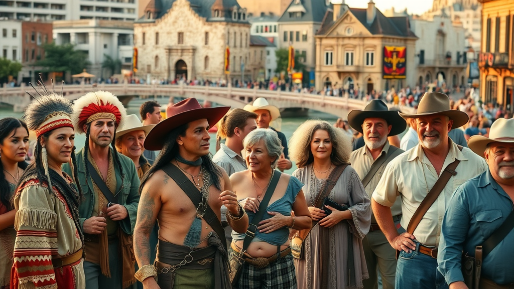 Vibrant historical cityscape of San Antonio, diverse people in period clothing from native tribes, Spanish settlers, and Texas pioneers, San Antonio River and iconic downtown buildings, The Alamo, san antonio history.