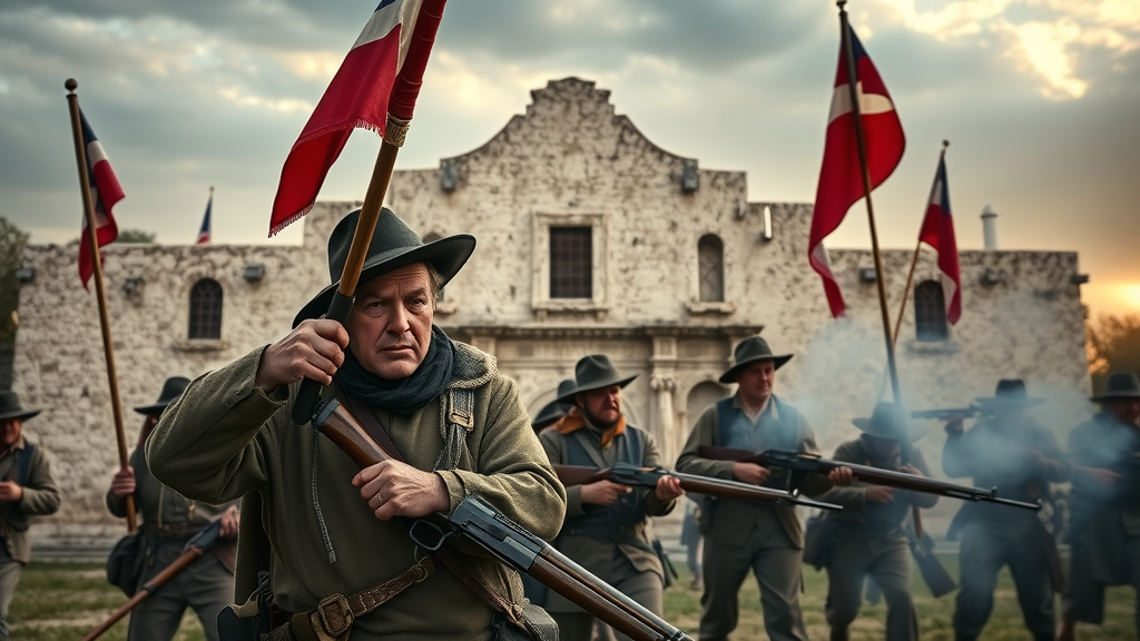 Dramatic reenactment of the Battle of the Alamo, stone Alamo in background, flags waving, battle of the alamo san antonio history.