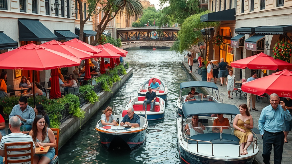 Bustling modern San Antonio River Walk, tourists and locals at cafes and on boats, downtown san antonio river history.