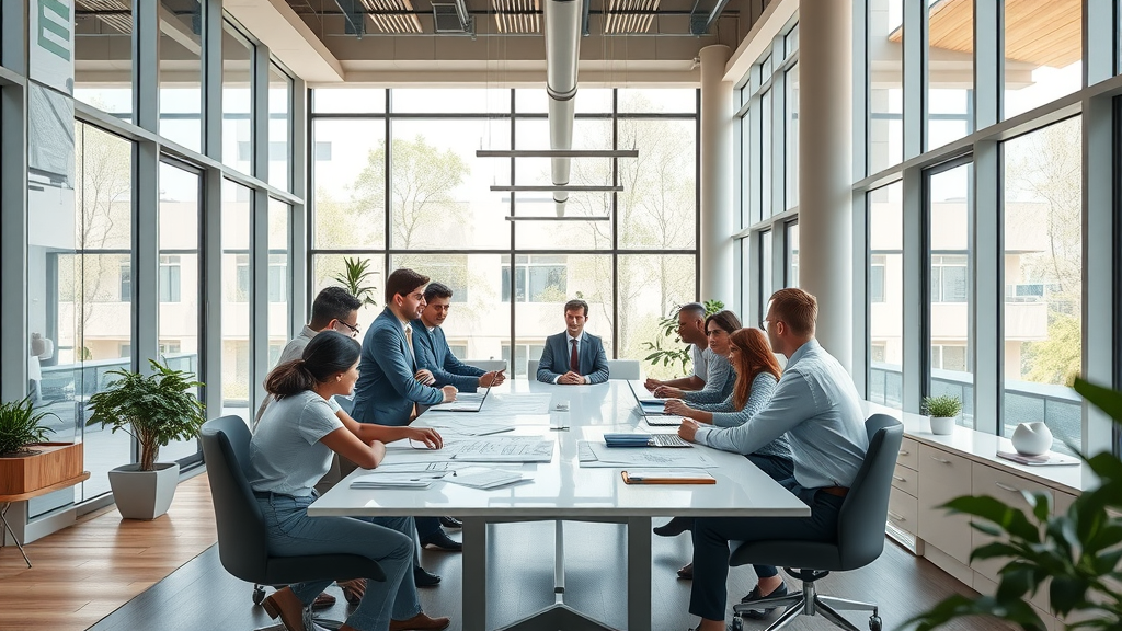 Modern architecture and design firm team collaborating in a well-lit office