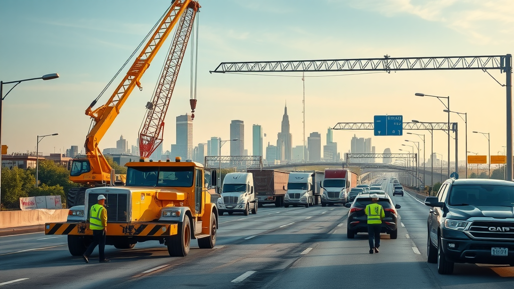 panoramic urban highway scene, heavy machinery and cranes, workers in reflective vests, busy San Antonio skyline - highway construction san antonio Img_Alt_Text
