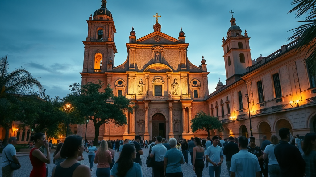 Historic San Fernando Cathedral at dusk, glowing lights and people gathered in front, san antonio history cathedral.