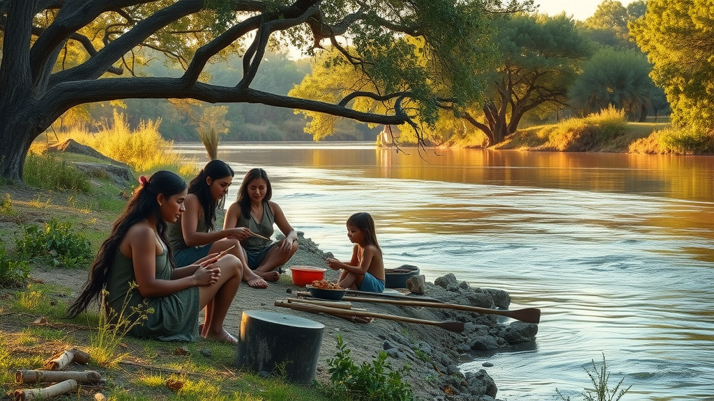 Serene riverside Native American encampment beside San Antonio River, families preparing food and crafting tools, lush riverside vegetation and oak trees, san antonio river history.