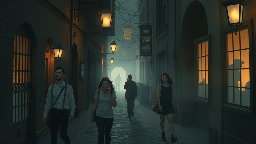 Atmospheric hidden alley in old San Antonio, mysterious visitors strolling, hints of supernatural, hidden san antonio history facts.